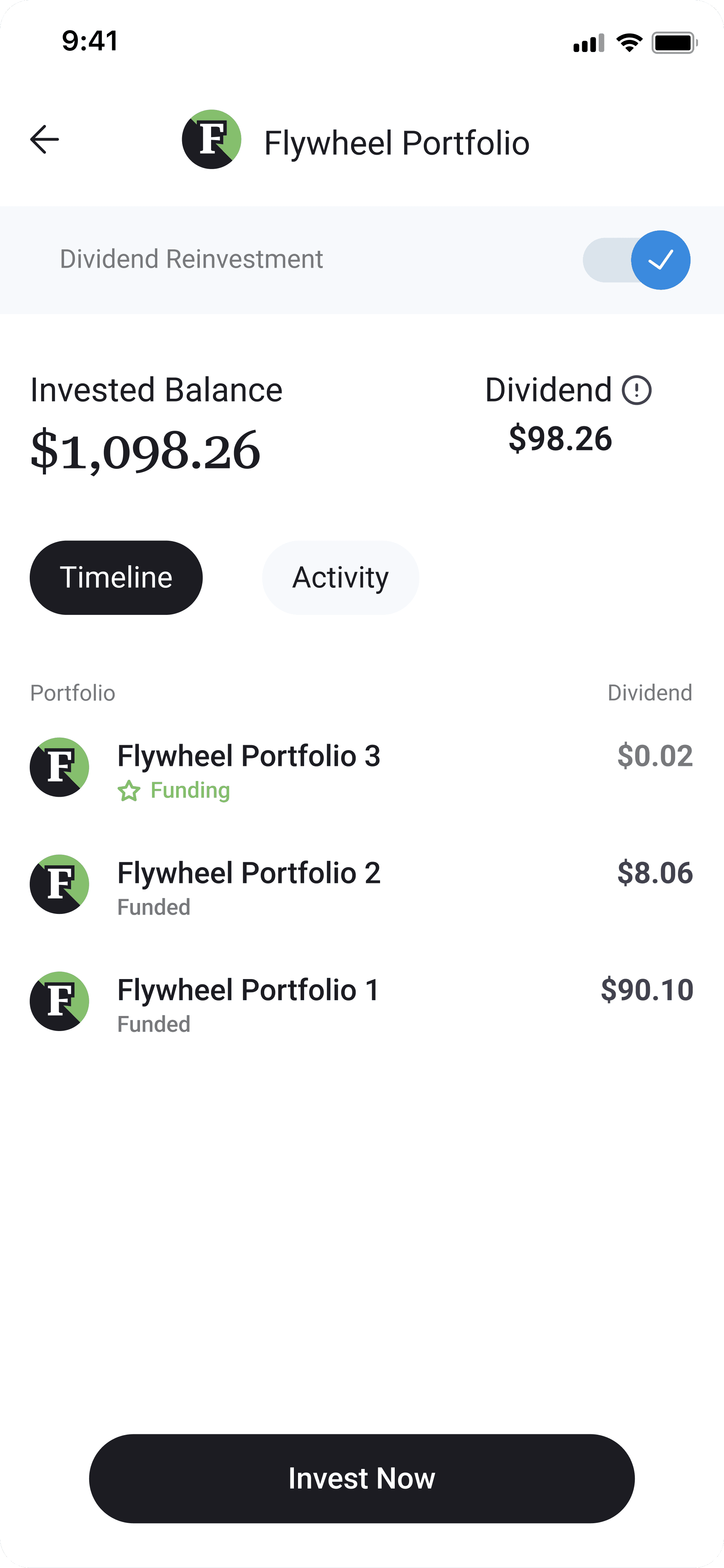Before: balance and dividend visible, no rate of return, no narrative