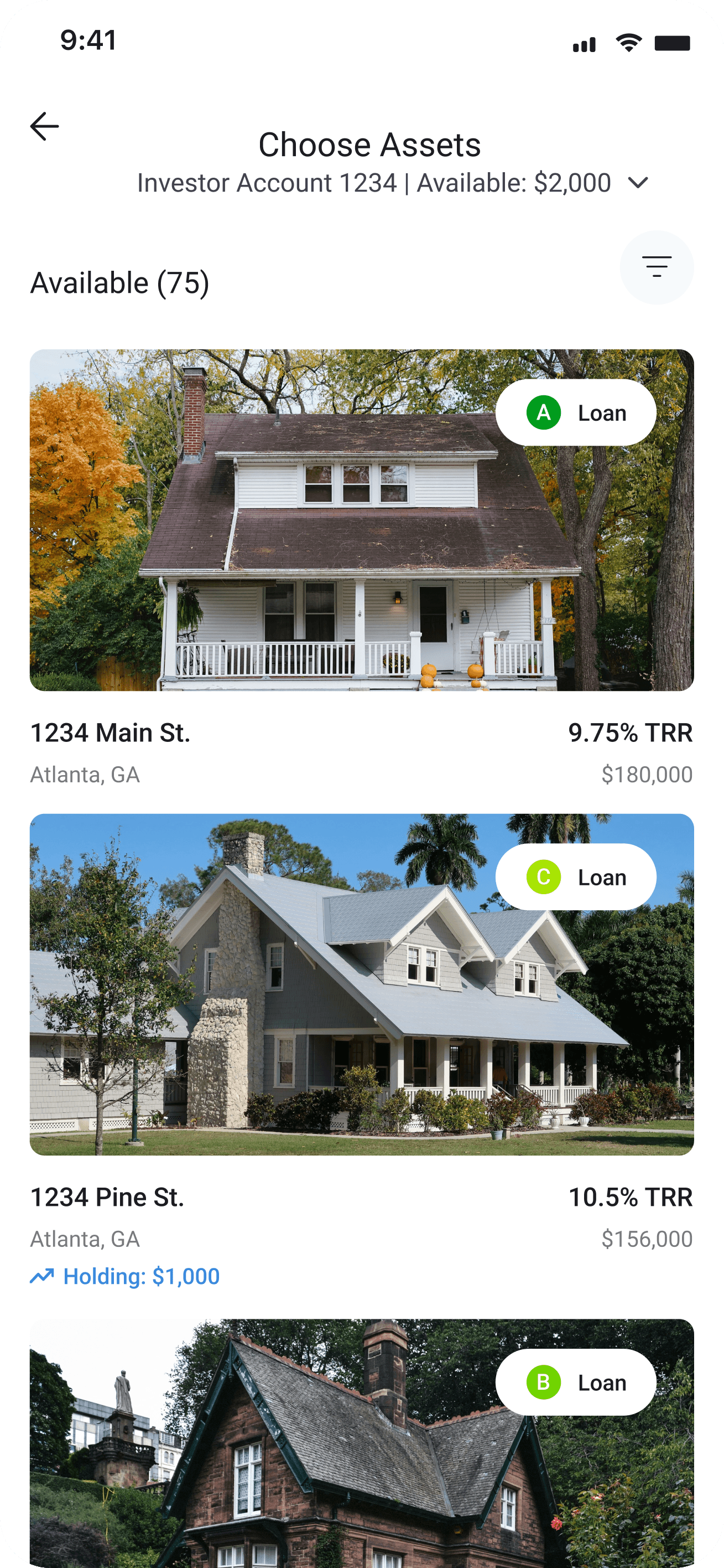 Shipped: full grid of investment cards, all shown identically with no blur or lock