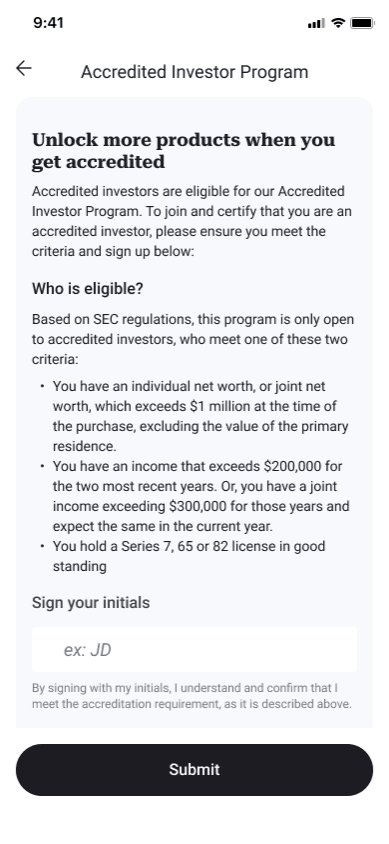 Shipped: short accredited investor form asking only for signed initials