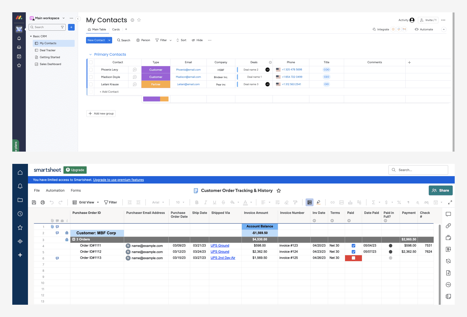Competitive analysis comparing Monday.com and Smartsheet customer and data management approaches