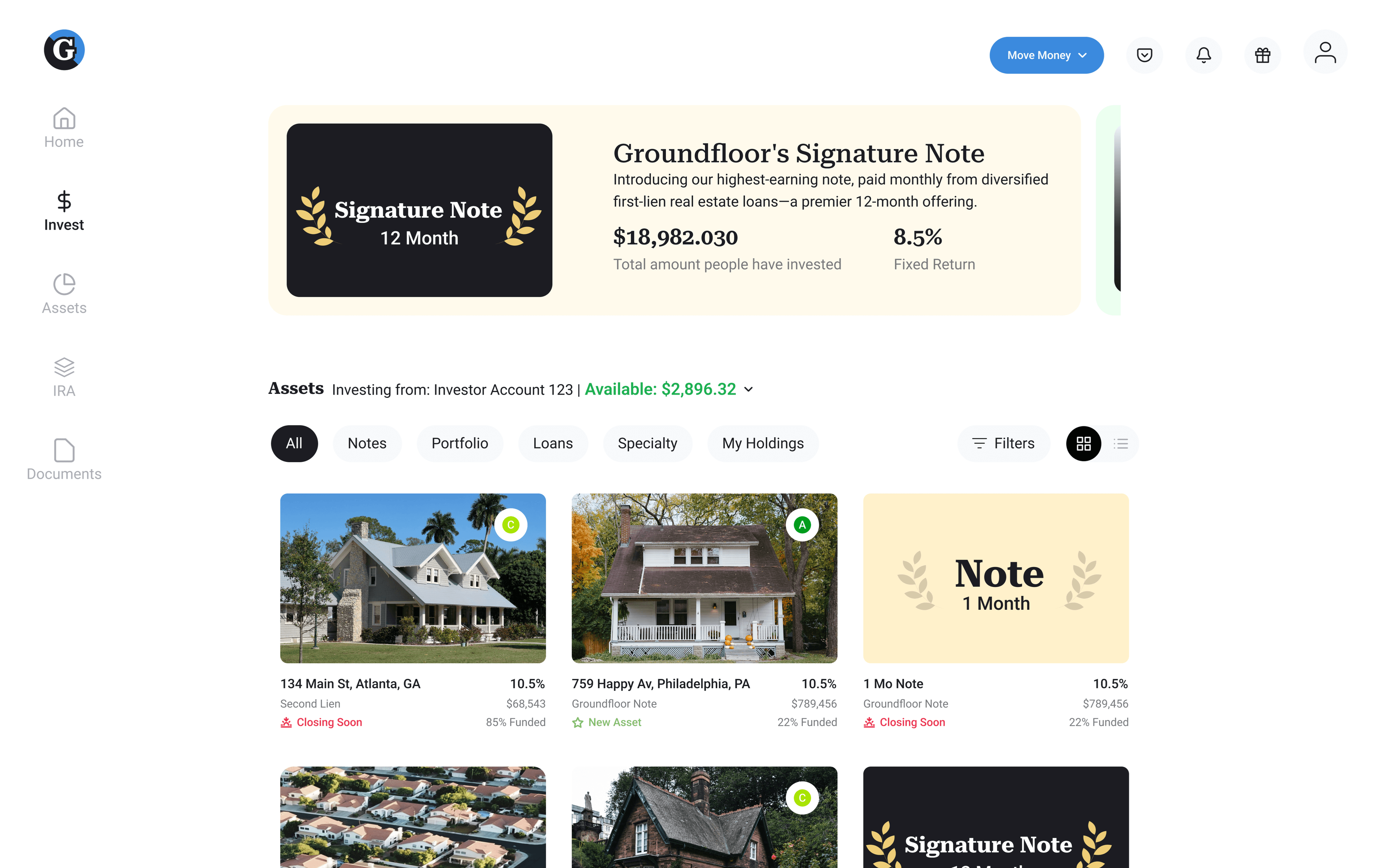 Groundfloor invest marketplace showing available loans, notes, and a signature note offer