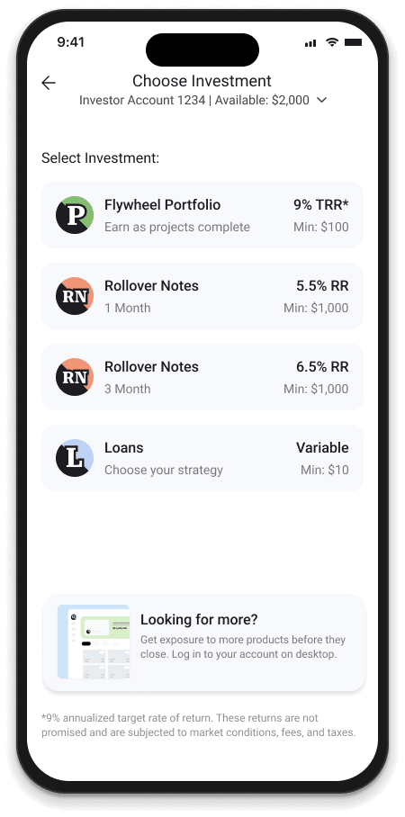 Before: mobile investment picker with a short flat list of four products