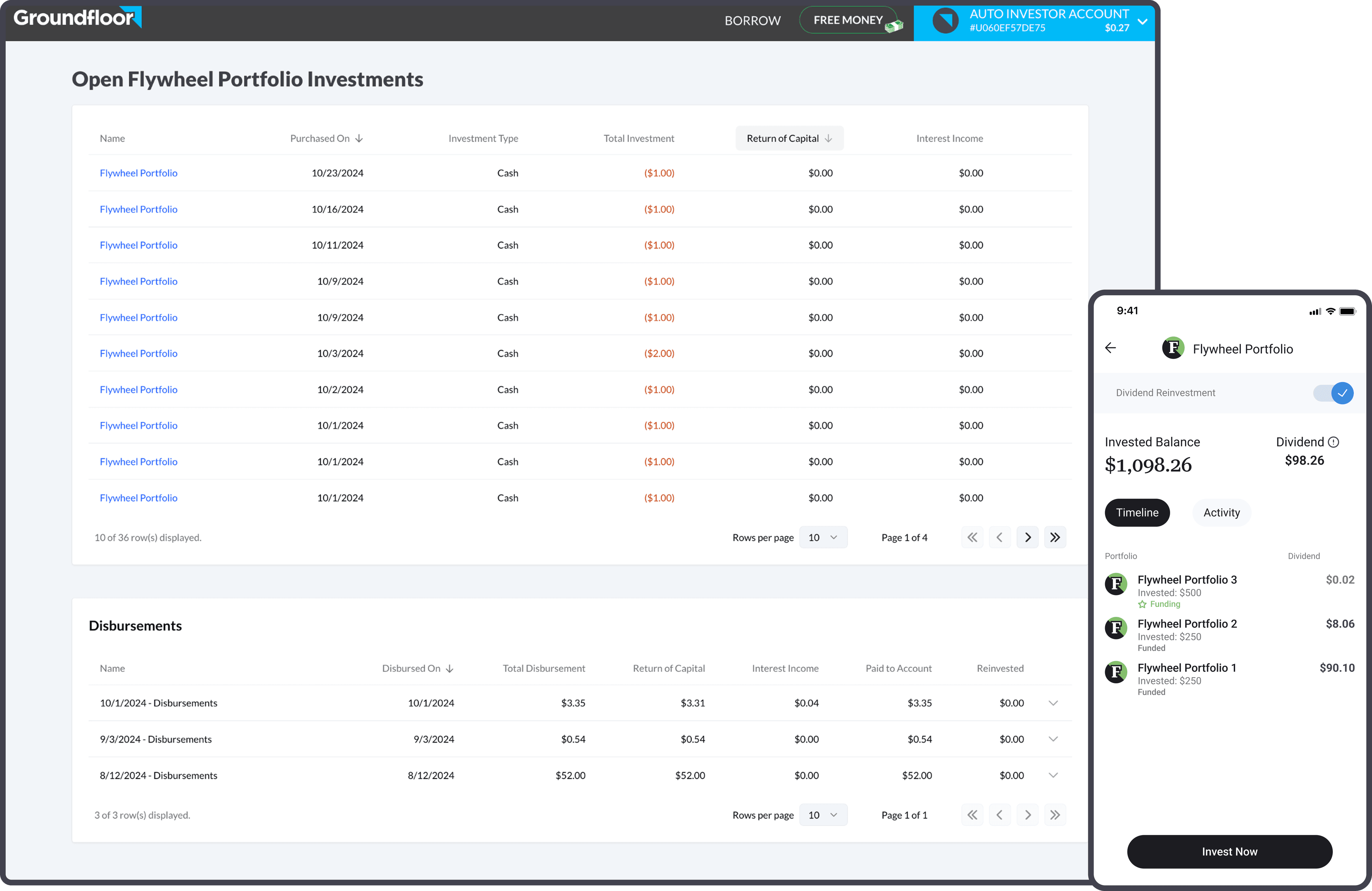 The old automatic investment tool's reporting: a plain transaction table on desktop and a bare dividend summary on mobile
