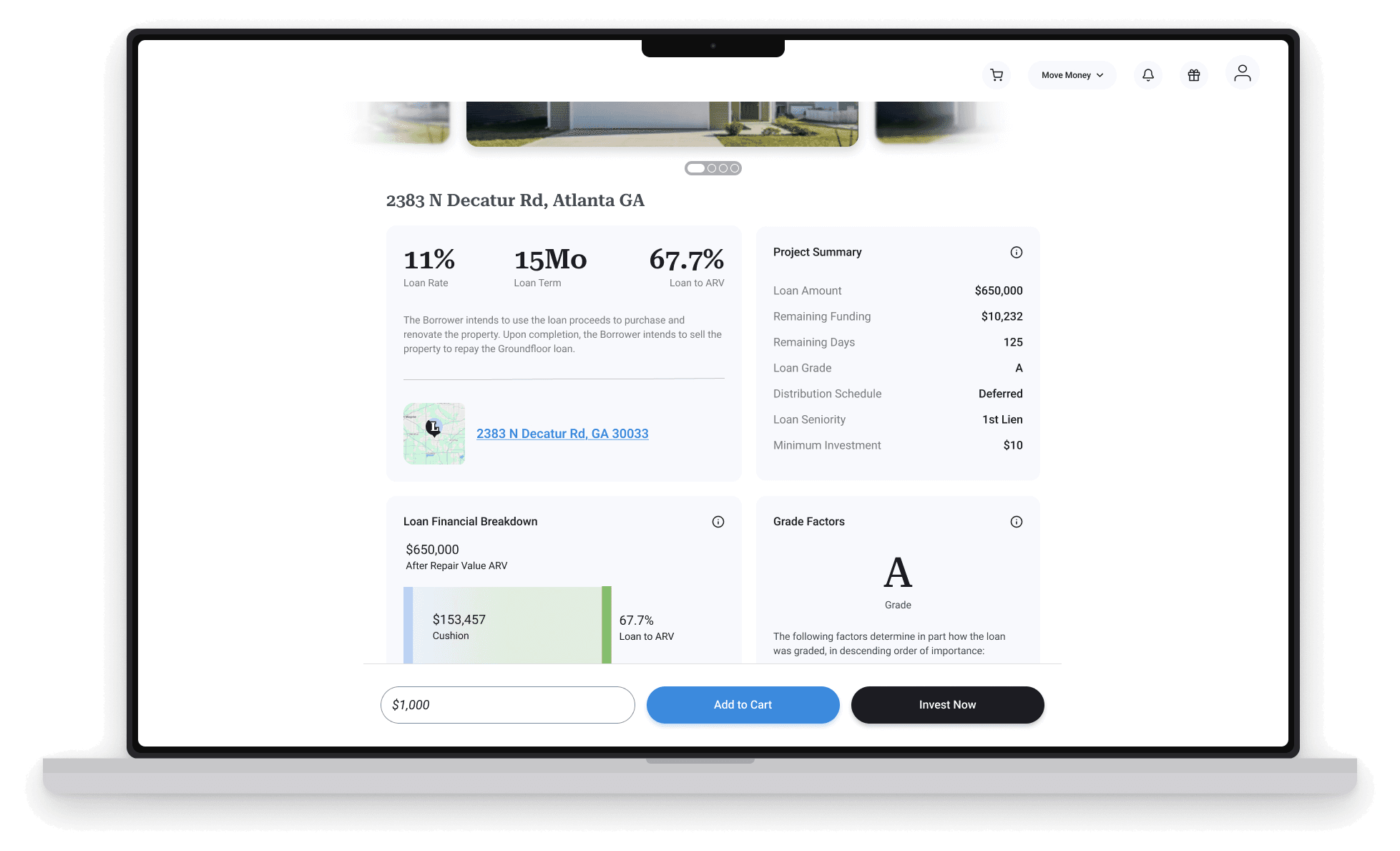 Investment detail screen showing both Add to Cart and Invest Now as distinct CTAs