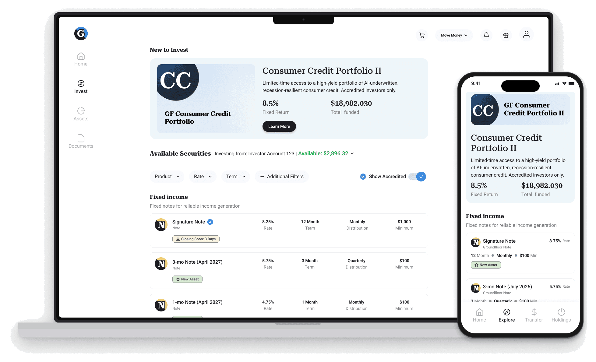 Groundfloor invest page shown on laptop and phone side by side, the current live state